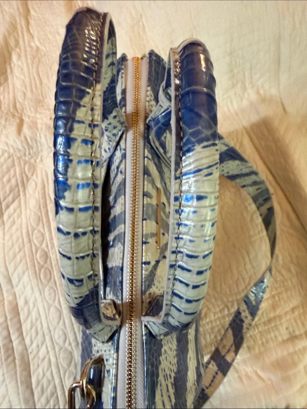 Brahmin Caroline Dazzle Melbourne Blue and White Croc-Embossed Satchel